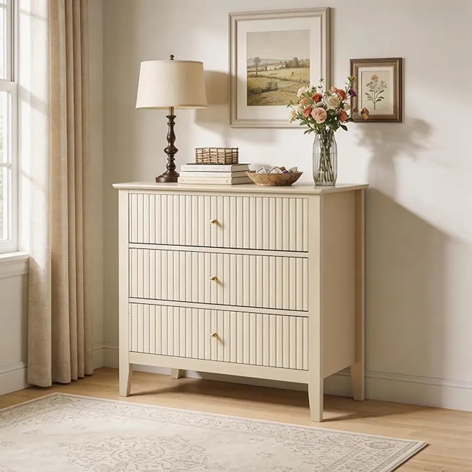 BOXED MAISONARIA FLUTED DRESSER FOR BEDROOM, 32 INCH WIDE NIGHTSTAND WITH LARGE DRAWER - BEIGE (1 BOX)