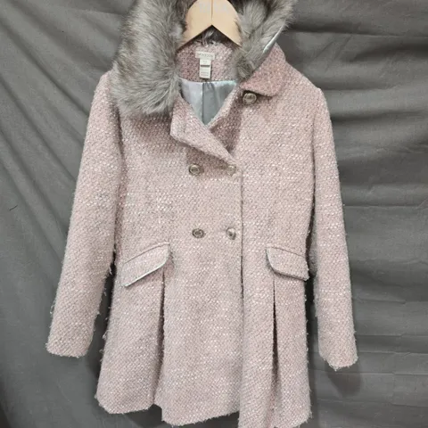 MONSOON GIRLS' PINK BOUCLE COAT WITH FAUX FUR COLLAR, UK 11–12