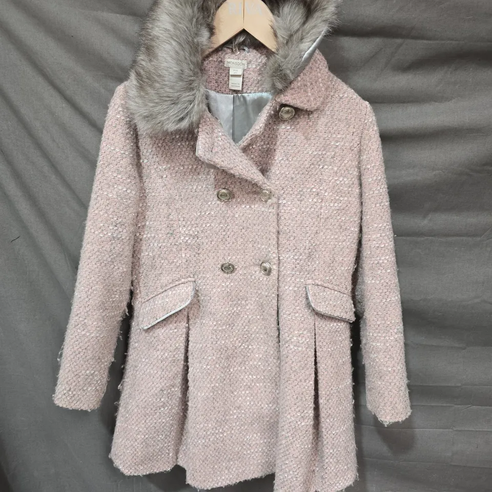 MONSOON GIRLS' PINK BOUCLE COAT WITH FAUX FUR COLLAR, UK 11–12