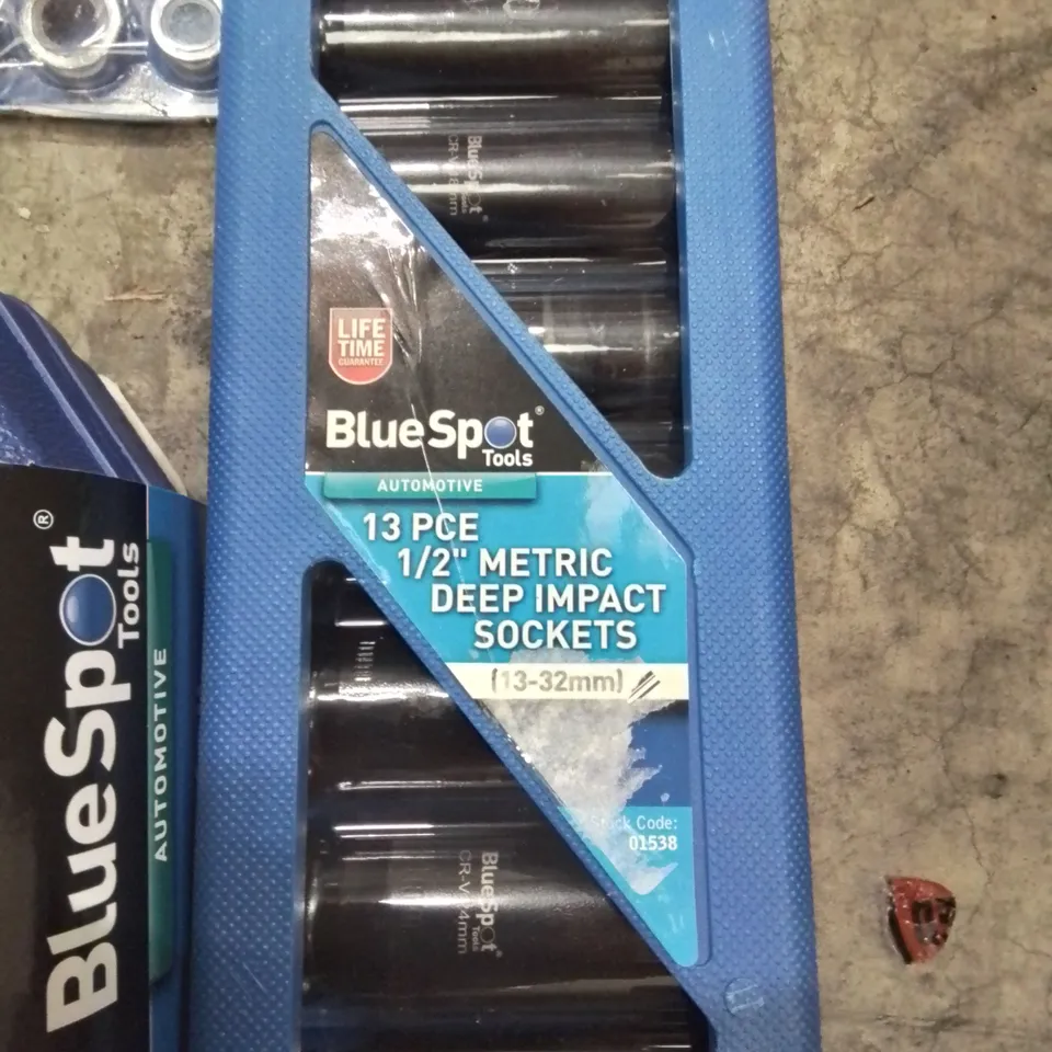 BOX CONTAINING MIXED TOOLS TO INCLUDE: BLUESPOT 94 PIECE SOCKET SET, SOLDERING TERMINAL SET, RATCHET SPANNER SET, X2 DEEP IMPACT SOCKET SETS