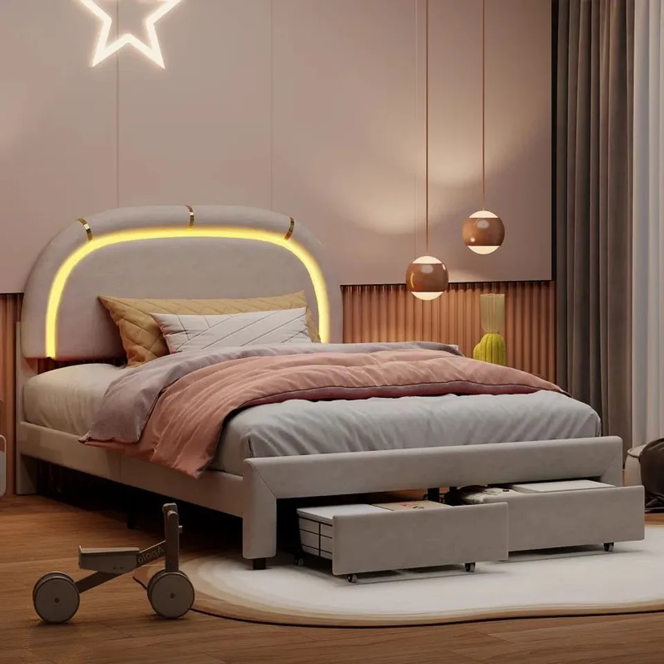 BOXED UPHOLSTERED BED WITH TWO DRAWERS VELVET BEIGE