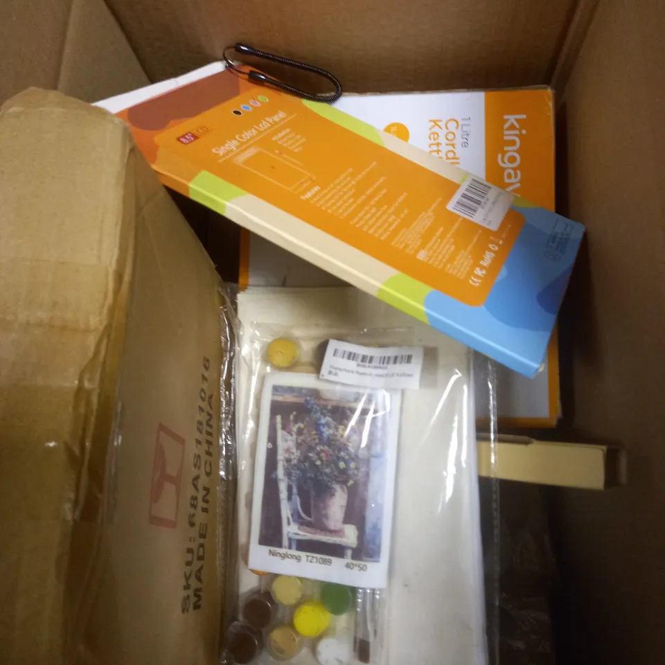 BOX OF APPROXIMATELY 5 ITEMS TO INCLUDE CORDLESS KETTLE, LCD TABLET, PAINT SET ETC