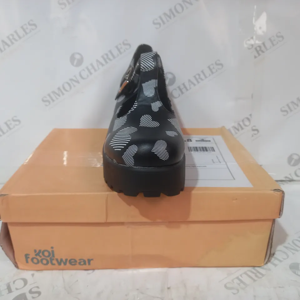 BRAND NEW BOXED PAIR OF KOI VEGAN LEATHER SAI MARY JANES RIVENDELL HEART EDITION SHOES IN BLACK UK SIZE 9