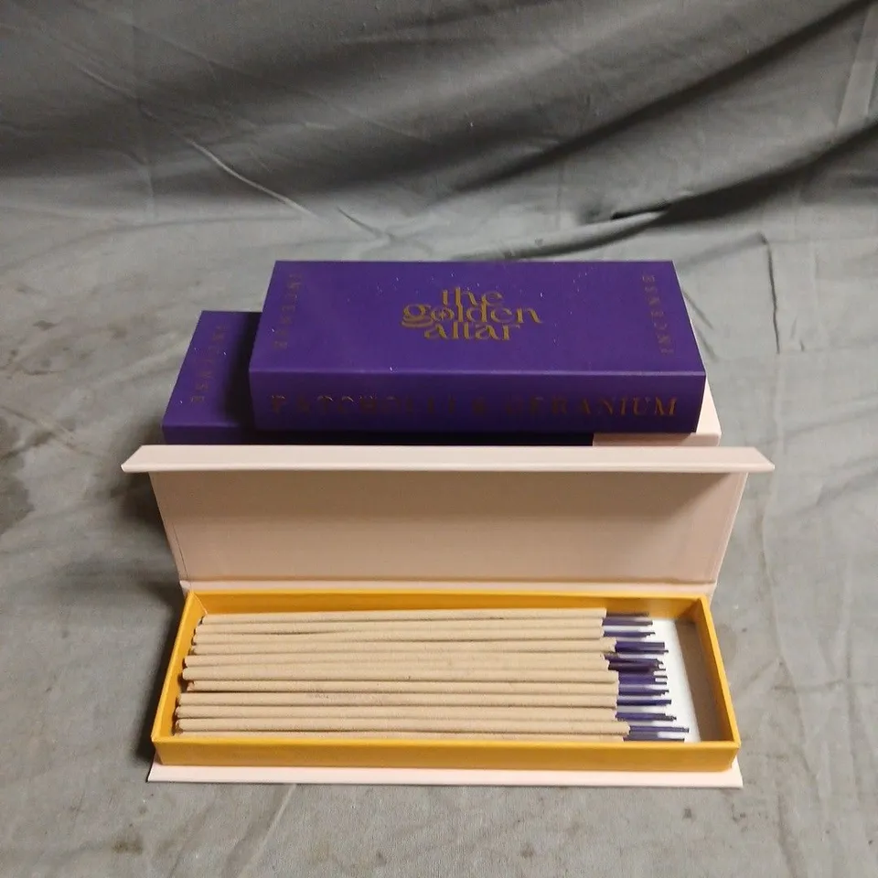 LOT OF 4 BOXES OF THE GOLDEN ALTAR PATCHOULI AND GERANIUM INCENSE STICKS