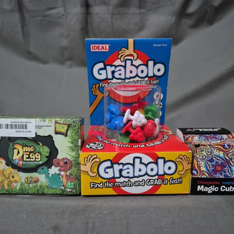 BOX OF APPROXIMATELY 20 ASSORTED TOYS AND GAMES TO INCLUDE DINO EGGS, GRABOLO, MAGIC CUBE, ETC - COLLECTION ONLY