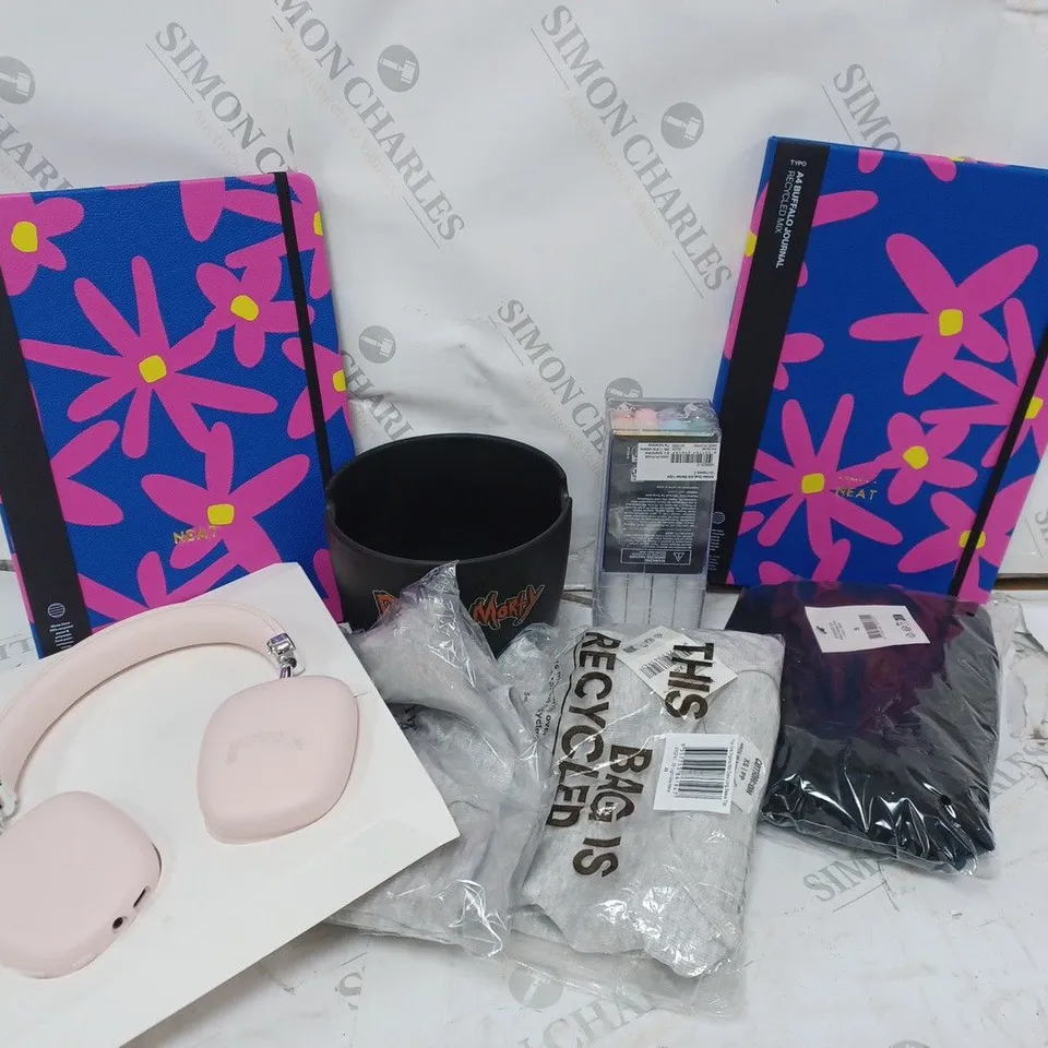 BOX OF APPROXIMATELY 40 ASSORTED HOUSEHOLD ITEMS TO INCLUDE ASSORTED CLOTHING ITEMS, MARKERS, JOURNELS, ETC