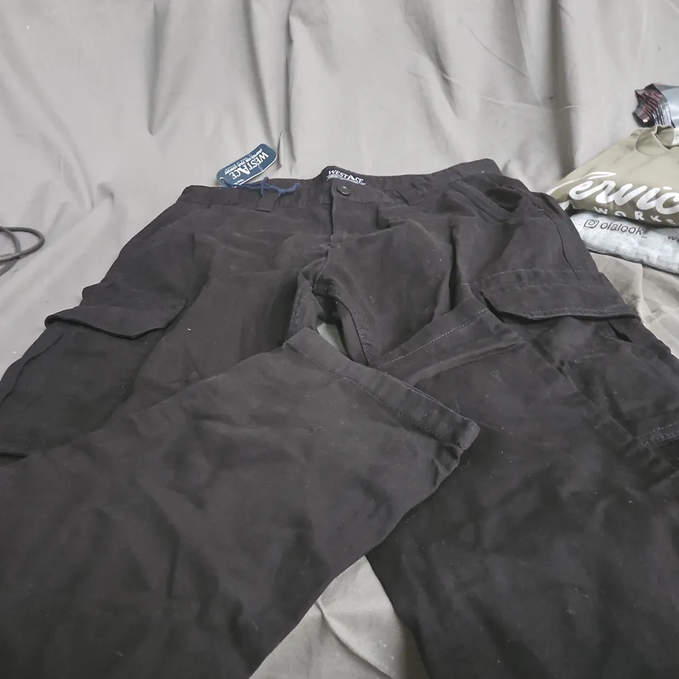 BOX OF APPROXIMATELY 25 ASSORTED CLOTHING ITEMS INCLUDING OLALOOK TOP , ORGANIC T SHIRT AND WESTACE TROUSERS 