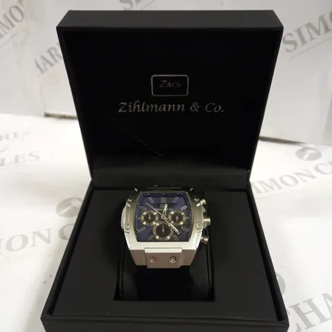 MENβS ZIHLMANN & CO CHRONOGRAPH WATCH β SILVER COLOUR CASE β BLUE DIAL WITH SUB DIALS β BLACK RUBBER STRAP