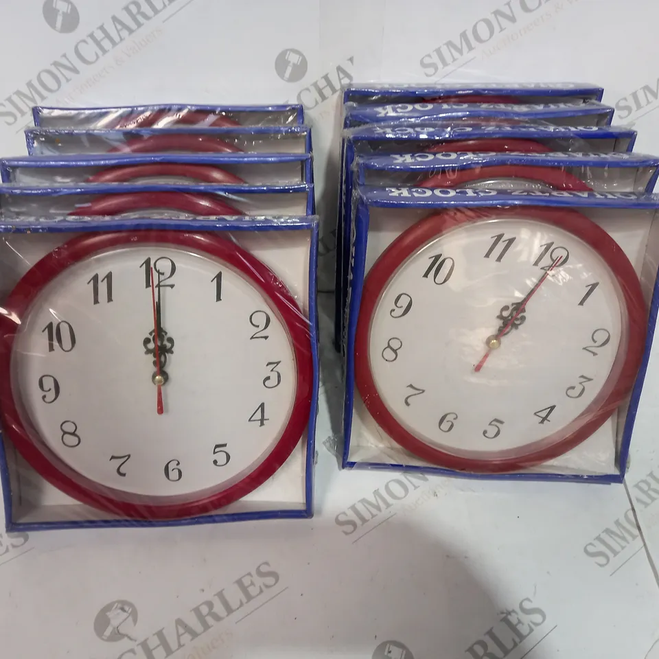 BOX OF APPROX 10 SMALL RED QUARTZ CLOCKS