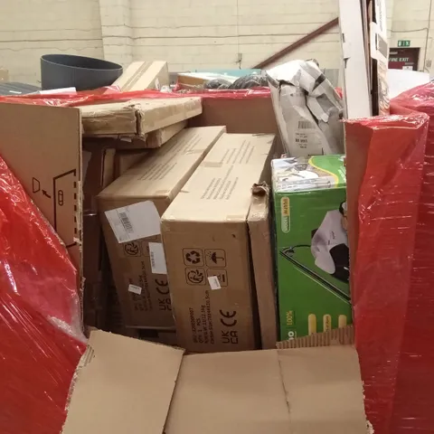 PALLET OF ASSORTED HOUSEHOLD GOODS AND PRODUCTS TO INCLUDE; STEAM CLEANER, FLATPACK FURNITURE ETC