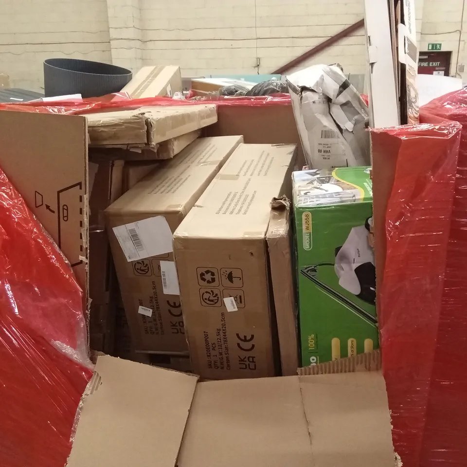 PALLET OF ASSORTED HOUSEHOLD GOODS AND PRODUCTS TO INCLUDE; STEAM CLEANER, FLATPACK FURNITURE ETC