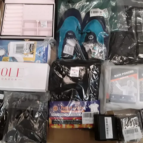 LARGE QUANTITY OF ASSORTED CLOTHING  ITEMS TO INCLUDE SOCKS, PONCHOS, JEWLERY ECT