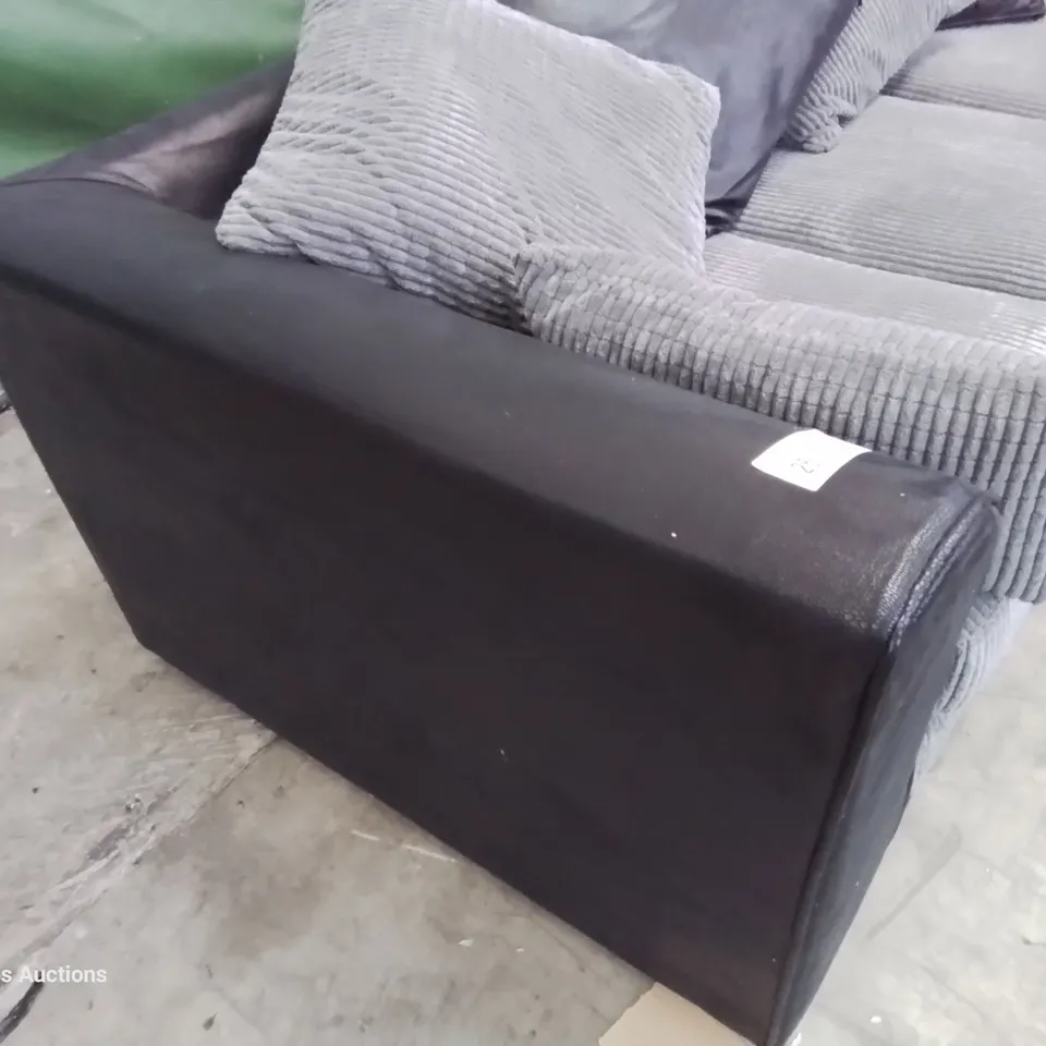 DESIGNER CHAISE SOFA WITH SCATTER CUSHIONS BLACK FAUX LEATHER & GREY JUMBO CHORD 