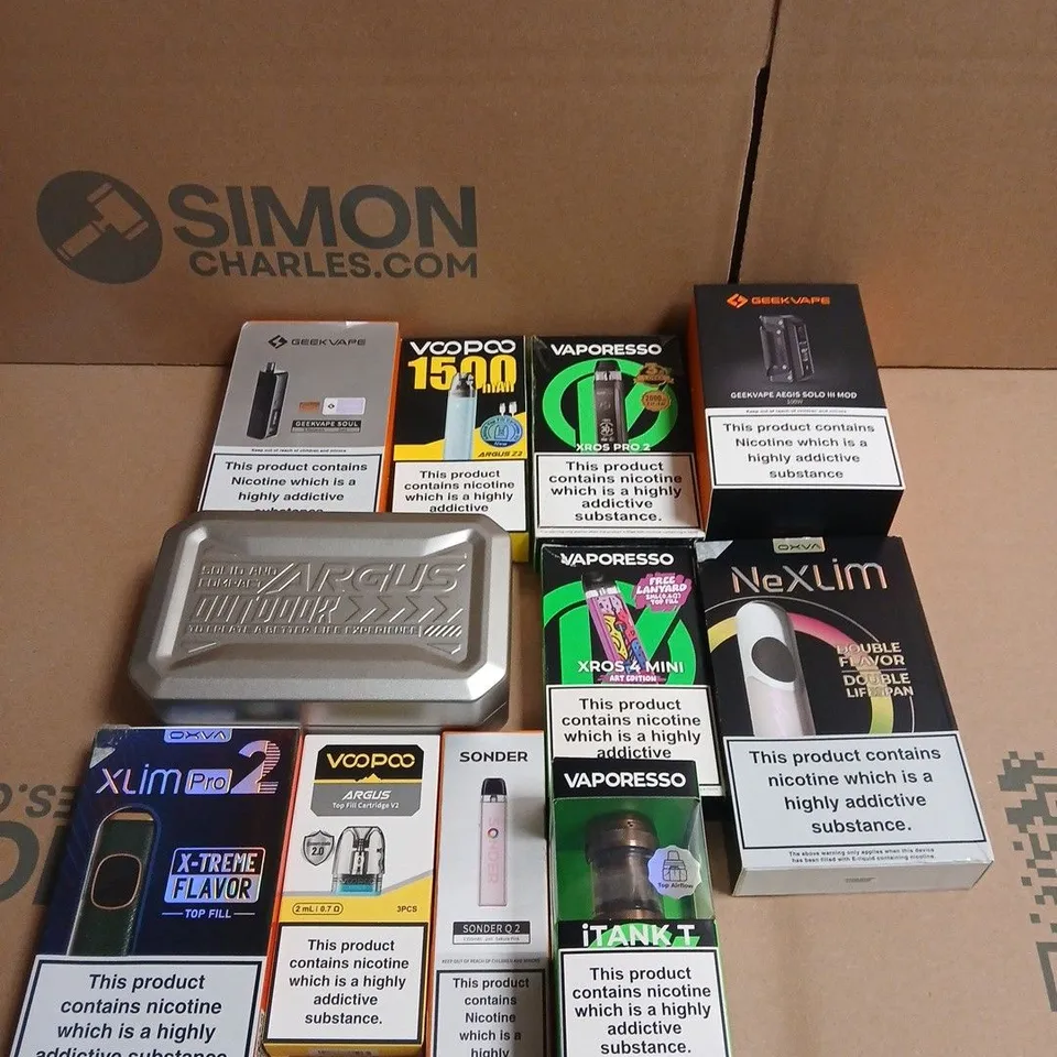 APPROXIMATELY 15 ASSORTED E-CIGARETTE PRODUCTS TO INCLUDE - GEEKVAPE , VOOPOO AND VAPORESSO 