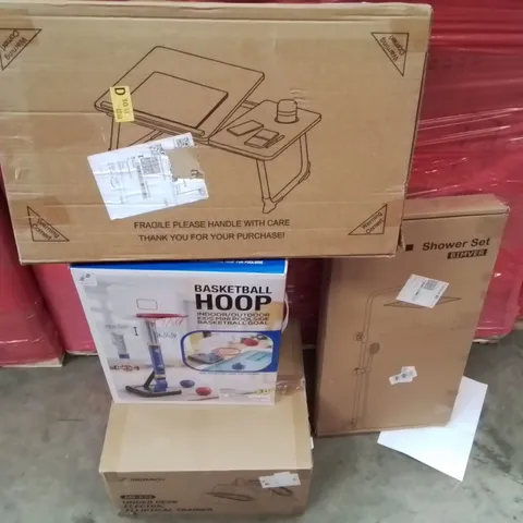 PALLET OF ASSORTED HOUSEHOLD GOODS AND PRODUCTS TO INCLUDE;UNDER DESK ELECTRIC ELLIPTICAL TRAINER,BASKETBALL HOOP,SHOWER SET,DESK FOR BED