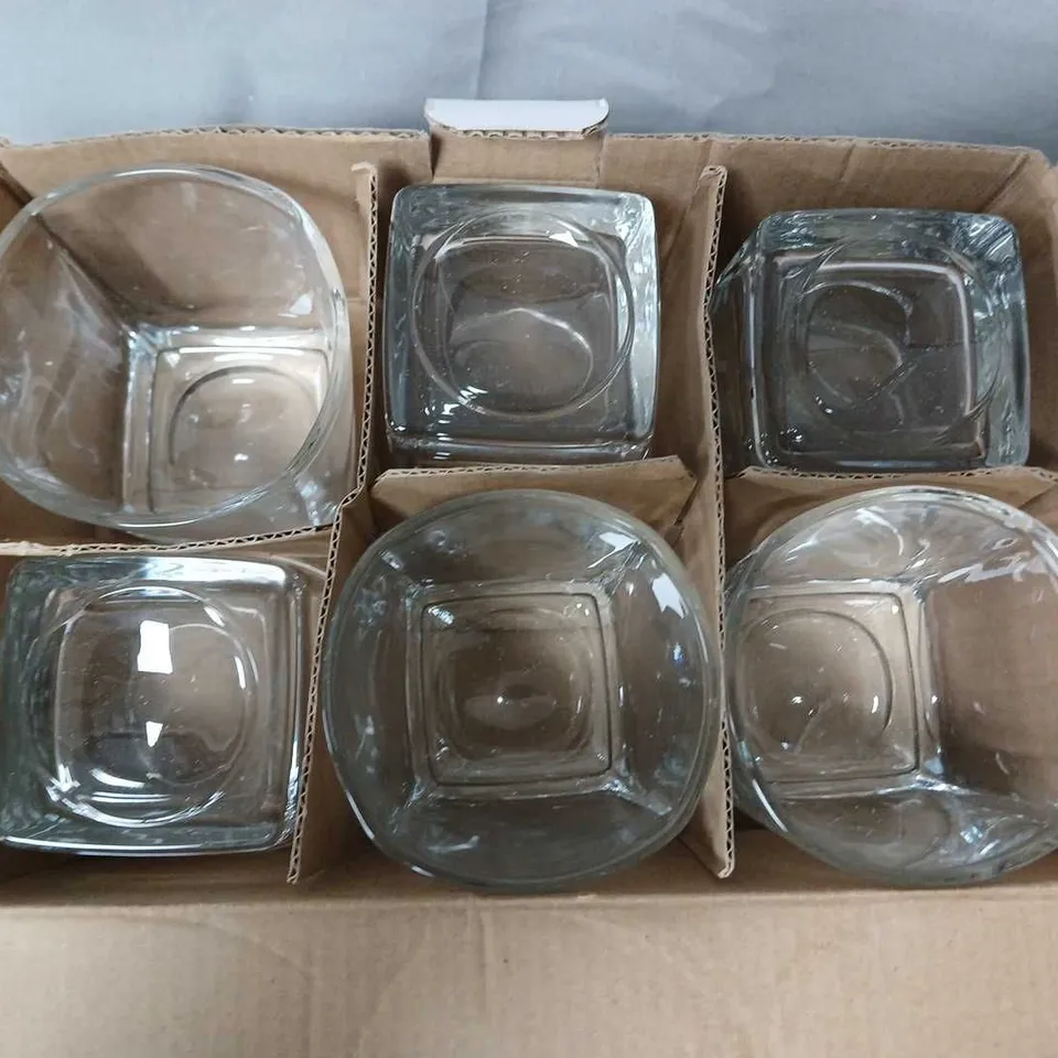 GLASS TUMBLERS SET OF 6 – CLEAR, SQUARE-BASE (BOXED) – CATERING GLASSWARE