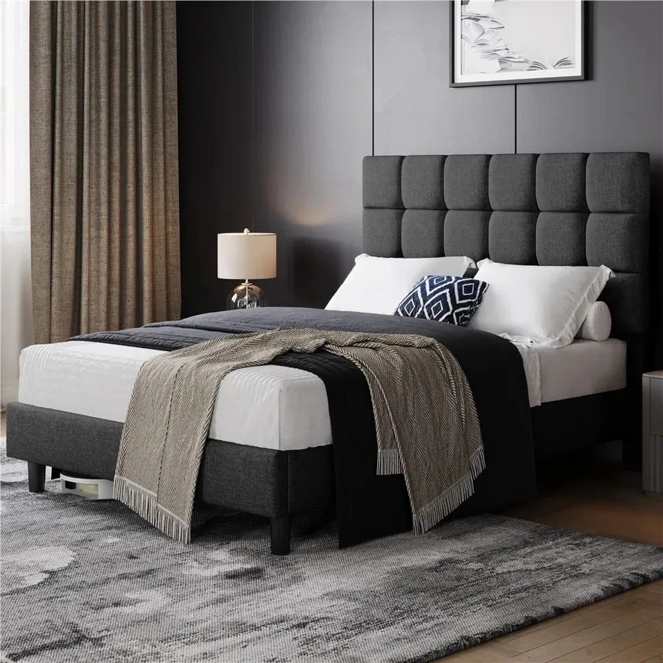 BOXED SIZE MODERN UPHOLSTERED DOUBLE BED FRAME WITH ADJUSTABLE SQUARE TUFTED - DARK GREY (1 BOX)