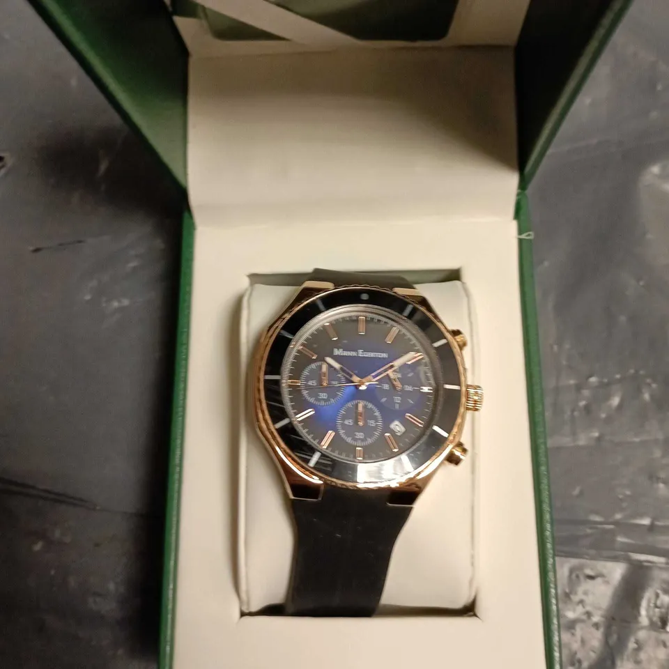 MANN EGERTON CHRONOGRAPH WRISTWATCH – ROSE GOLD TONE CASE, BLACK STRAP, BOXED