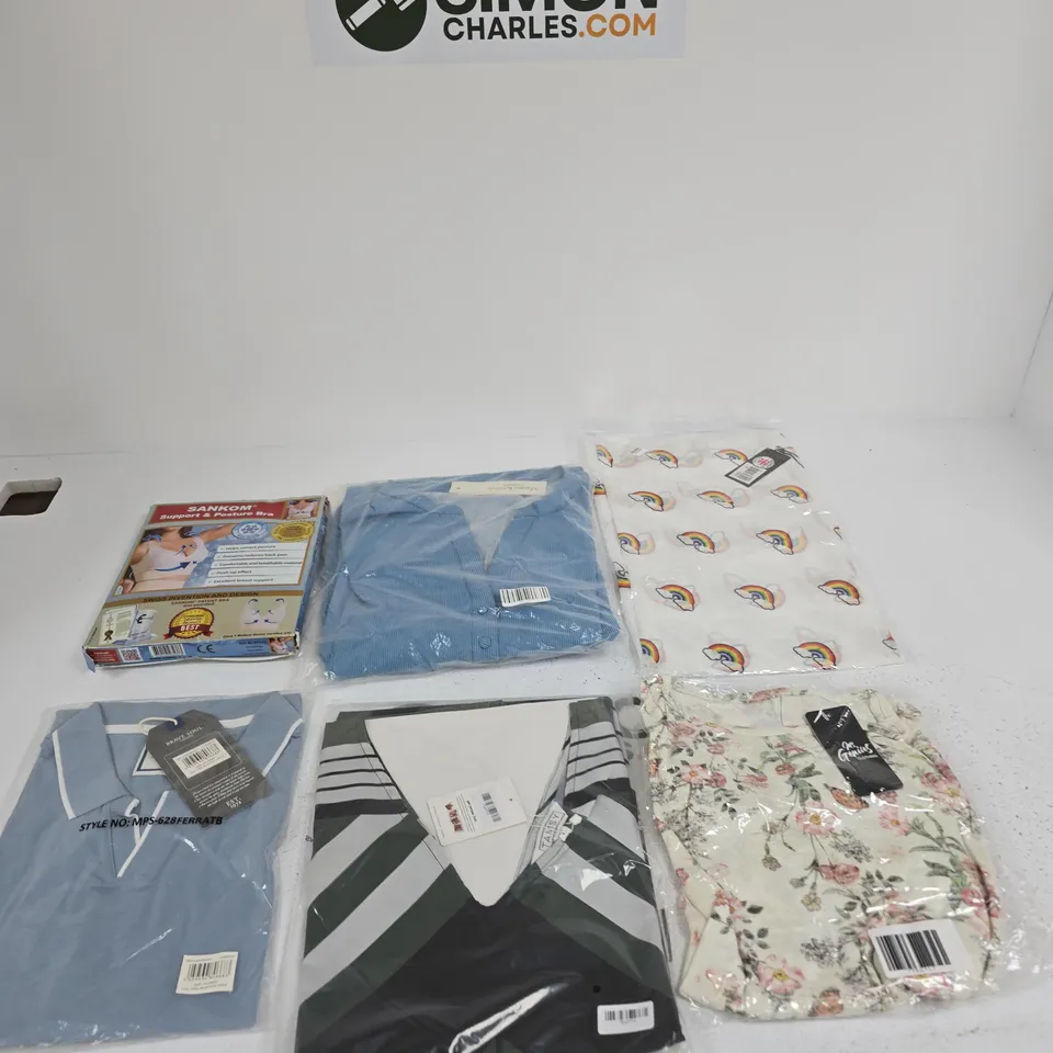BOX OF APPROXIMATELY 15 ASSORTED CLOTHING ITEMS IN VARIOUS SIZES, COLOURS AND STYLES