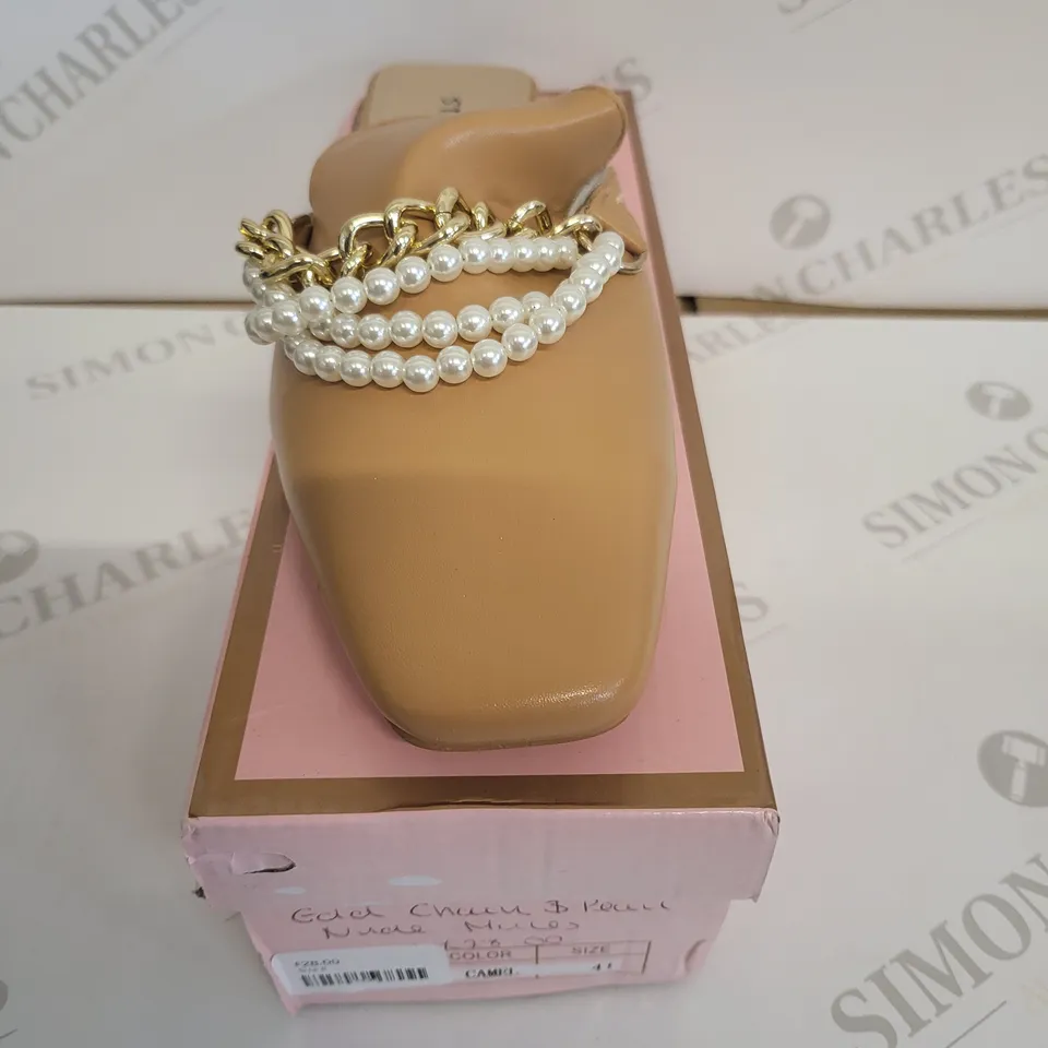 BOXED STEPHAN OPEN BACK BEIGE PEARL AND CHAIN FLAT SHOES - SIZE 41
