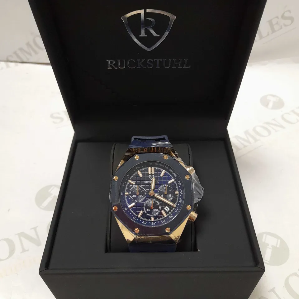 RUCKSTUHL OCTAGONAL FACE STUD BLUE RUBBER STRAP WATCH