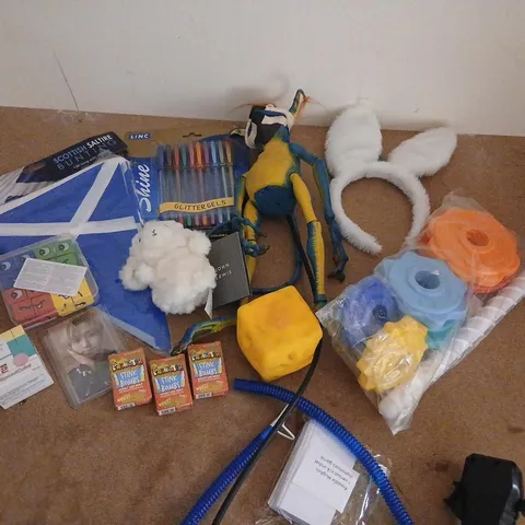 LARGE QUANTITY OF ASSORTED TOYS AND ACCESSORIES TO INCLUDE; SCOTTISH BUNTING, STINK BOMBS, GLITTER GEL PENS AND BUNNY EARS