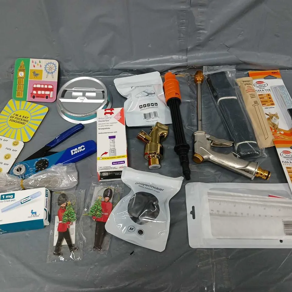 APPROXIMATELY 10 ASSORTED HOUSEHOLD ITEMS TO INCLUDE - FLEA REPELLENT, COASTERS, AND PLAYMAKER STRAPS ETC. 
