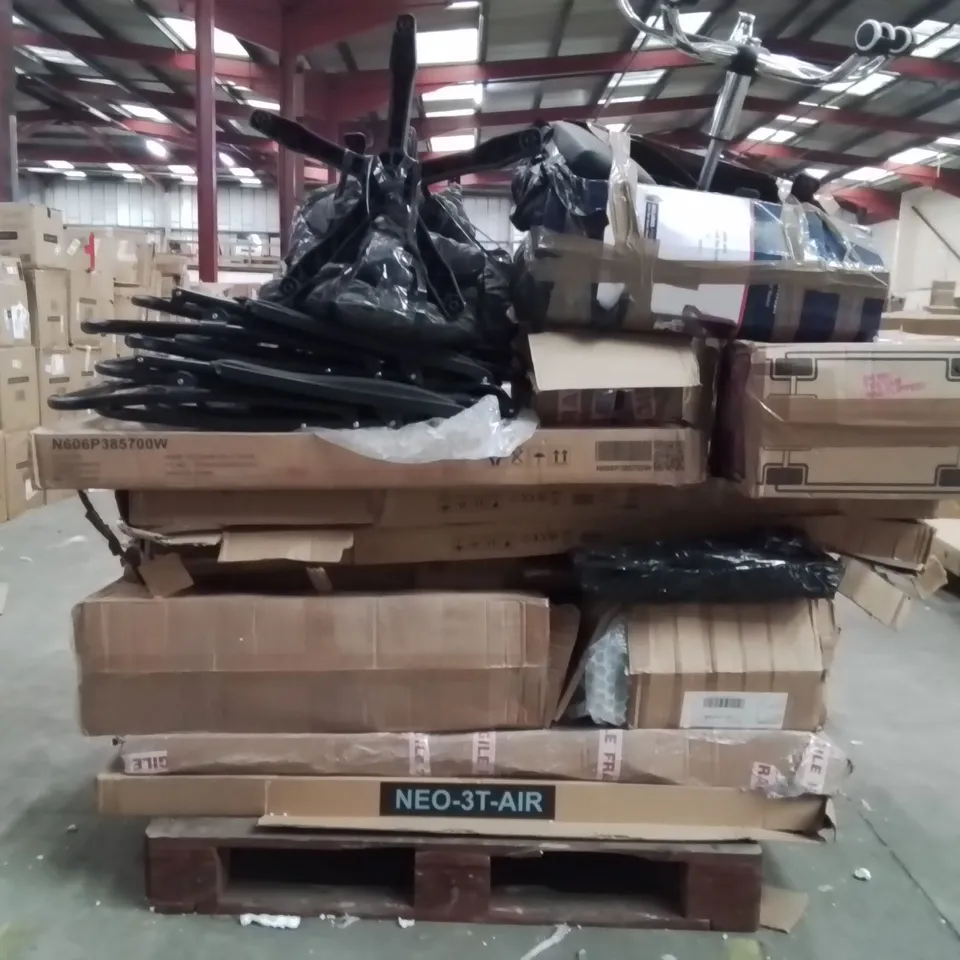 PALLET OF NEO PRODUCTS AND ASSORTED HOUSEHOLD GOODS TO INCLUDE;ELECTRIC CLOTHES HEATER,MIRRORS,SUN LOUNGERS,OFFICE CHAIR