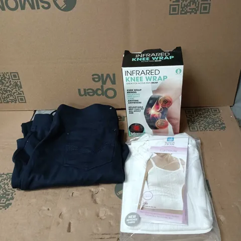 BOX OF APPROXIMATELY 15 ASSORTED HOUSEHOLD ITEMS TO INCLUDE INFRARED KNEE WRAP, WHITE SWAN CAMISOLE, EMRECO STRETCH TROUSERS ETC