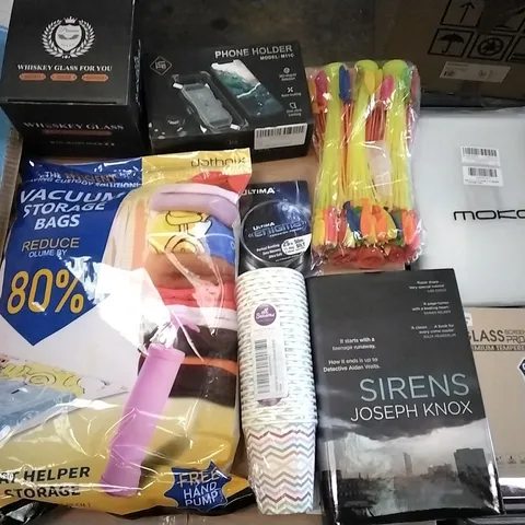 PALLET OF ASSORTED ITEMS INCLUDING WHISKY GLASS, VACUUM STORAGE BAGS, SIRENS BOOK, SCREEN PROTECTOR, MOKO IPAD CASE, SELF SEALING WATER BALLOONS