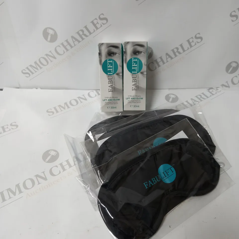 APPROXIMATELY 6 ASSORTED FABULIFT PRODUCTS TO INCLUDE BOXED AND SEALED 3 MINUTE MIRACLE LIFT AND GLOW SERUM 30ML AND EYE MASKS