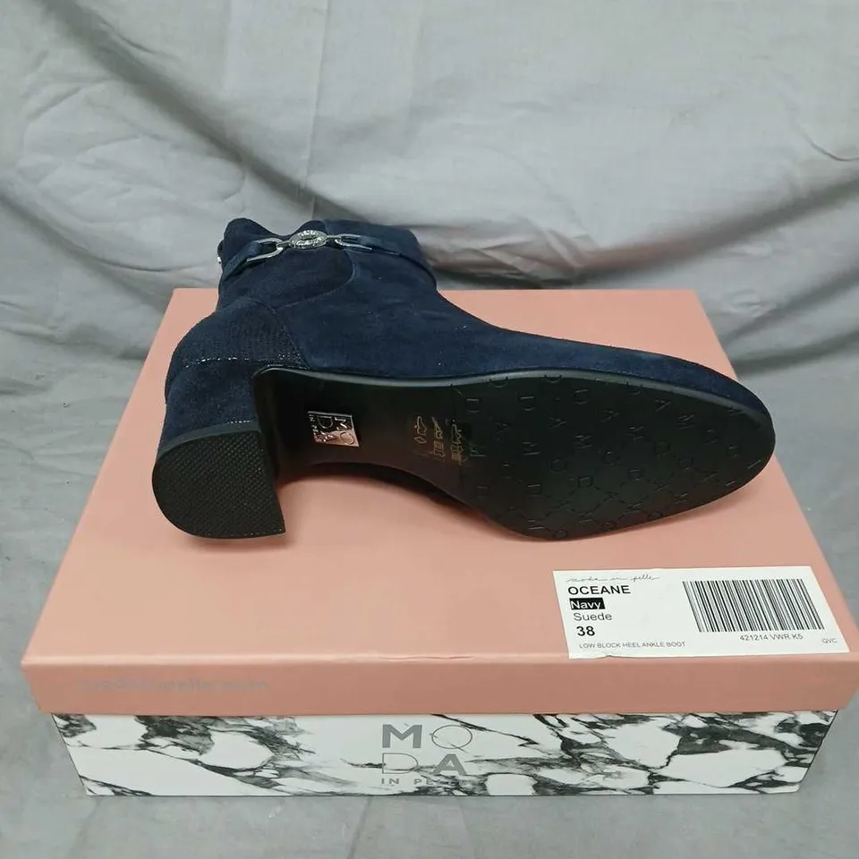 OCEANE NAVY SUEDE LOW BLOCK HEEL ANKLE BOOT – UK 5