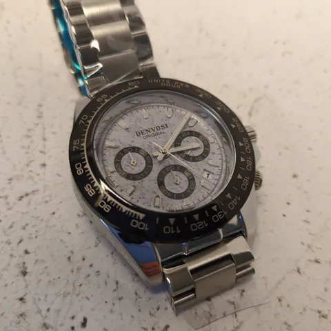 DENVOSI ORIGINAL CHRONOGRAPH STAINLESS STEEL WATCH β SILVER DIAL, BLACK TACHYMETER BEZEL