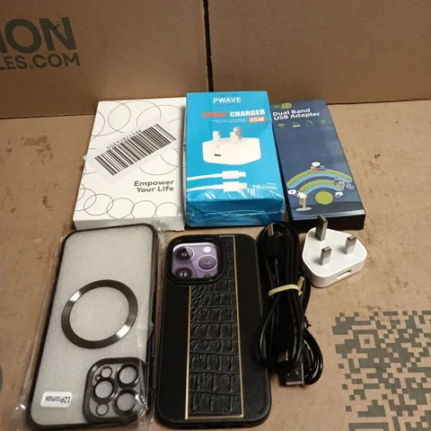 TOTE OF APPROXIMATELY 20 ASSORTED PHONE RELATED ITEMS TO INCLUDE SMART CHARGER, USB ADAPTER, PHONE CASES, CABLES, PLUG ETC