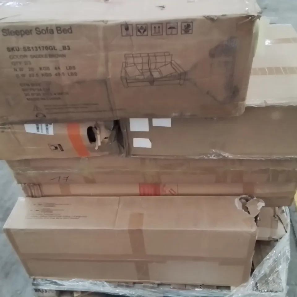 PALLET CONTAINING VARIOUS ASSORTED HOUSEHOLD CUSTOMER RETURNS TO INCLUDE: SOFA PARTS, FOLDING WAGON AND LOTS MORE UNMARKED BOXED ITEMS 