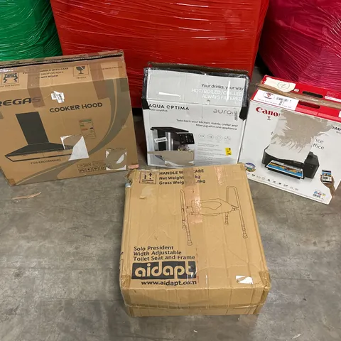 PALLET OF ASSORTED CONSUMER PRODUCTS TO INCLUDE: CANON WIRELESS PRINTER, HOT/COLD WATER FILTER MACHINE, COOKER HOOD, OFFICE CHAIR, TOILET SEAT FRAME ECT