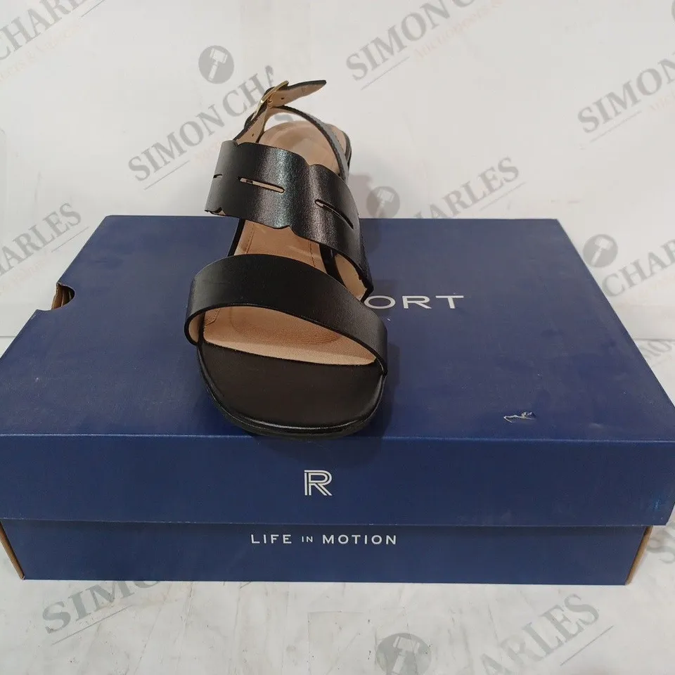 BOXED PAIR OF ROCKPORT ALAINA HEELED SANDALS IN BLACK UK SIZE 7