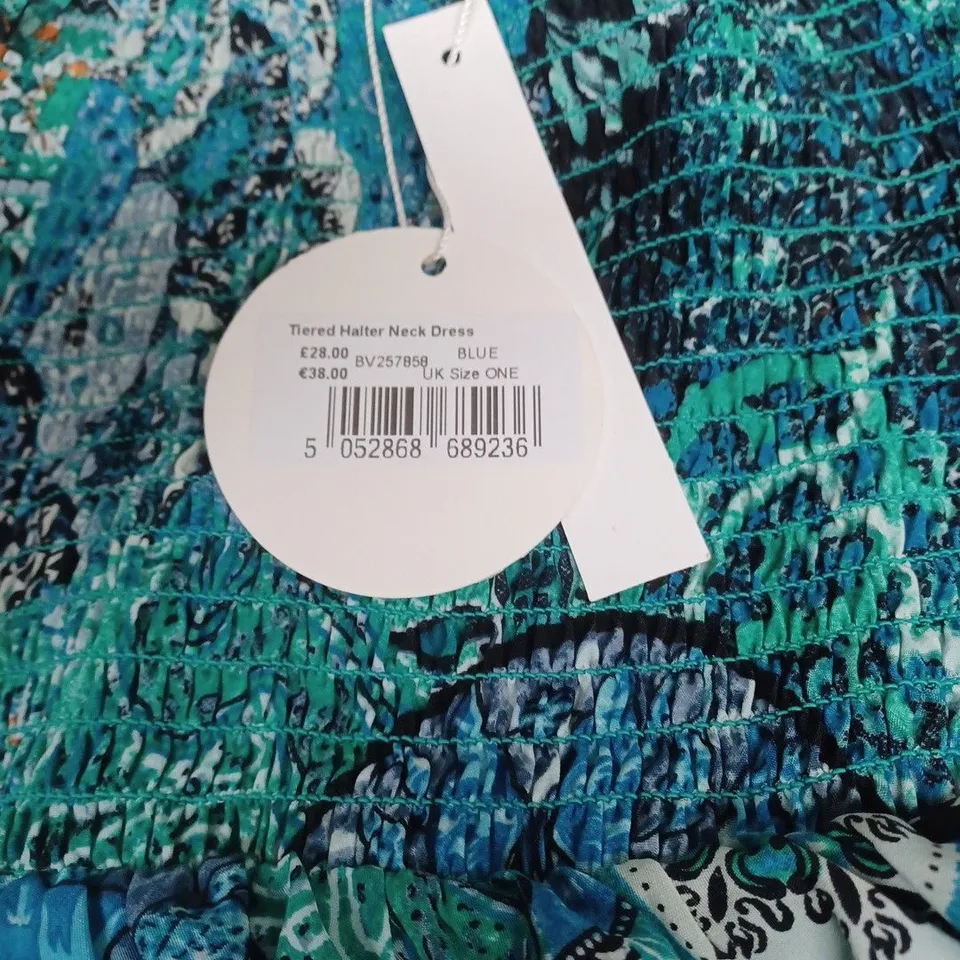 CHILLI & CHARM TIERED HALTER NECK DRESS - BLUE, UK SIZE ONE