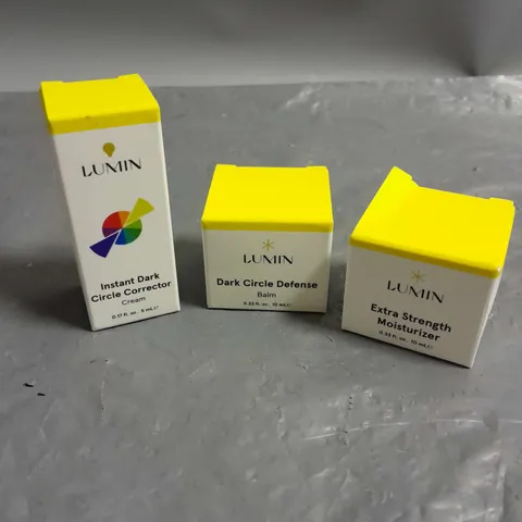 LUMIN LOT OF 3 PRODUCTS TO INCLUDE - INSTANT DARK CIRCLE CORRECTOR - DARK CIRCLE DEFENSE BALM - EXTRA STRENGTH MOISTURIZER
