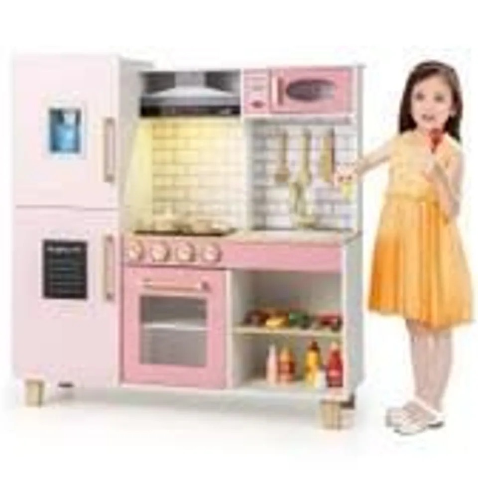 BOXED CHILDREN'S KITCHEN WITH ICE CREAM MAKER AND HOOD EXTRACTOR AND BLACKBOARD PLAY KITCHEN WOODEN KITCHEN - PINK