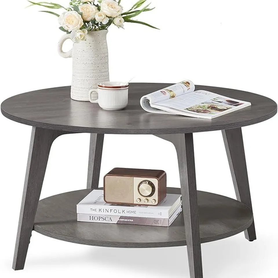 BOXED VASAGLE ROUND 2 TIER COFFEE TABLE WITH STORAGE 31.5 X 17.7 INCHES, EASY TO ASSEMBLE, MISTY GRAY ULCT243G68