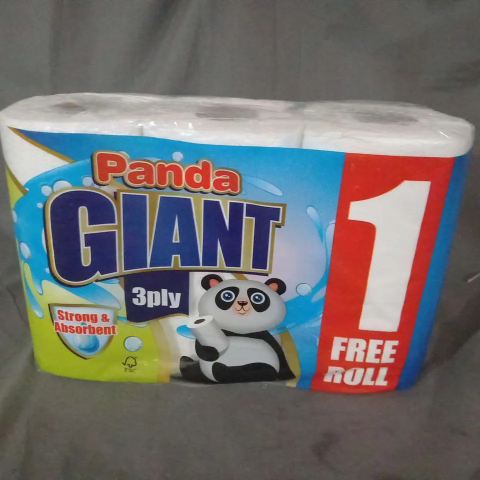 FIVE PACKS OF PANDA CUDDLE CLASSIC 9 SUPER SOFT LUXUORIOUSLY QUILTED ROLLS OF TOILET PAPER, TWO PACKS OF PANDA GIANT 3PLY KITCHEN ROLL AND FOUR PACKS OF DEEP FRESH WIPES