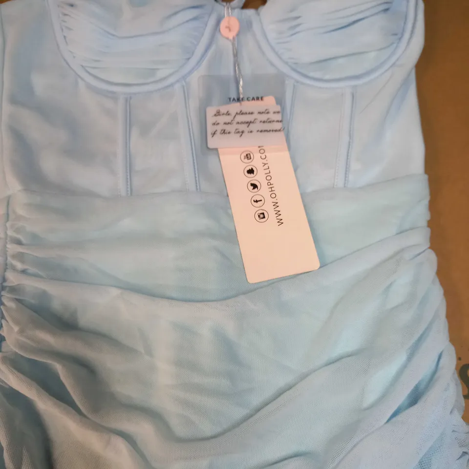 OH POLLY BABY BLUE RUCHED MINI DRESS - SIZE 6