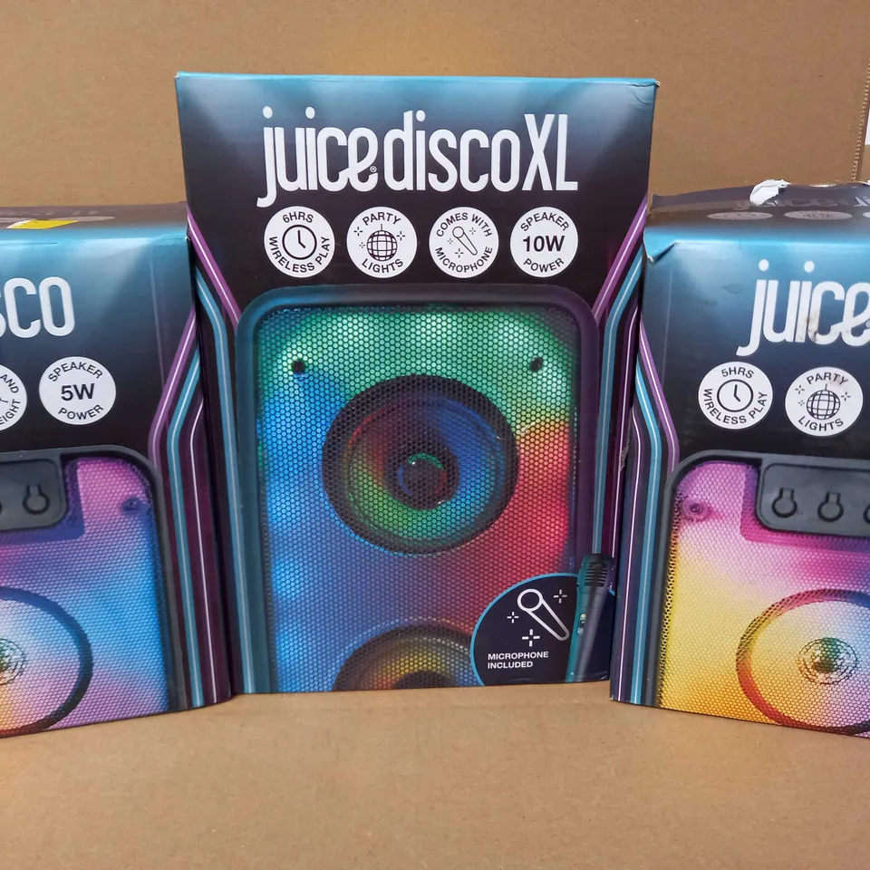 BOX OF JUICEDISCO ITEMS TO INCLUDE: JUICEDISCO WIRELESS 5W SPEAKERS X 2, JUICEDISCOXL 10W SPEAKER WITH MICROPHONE X1 AND JUICEBOOMPRO SPEAKER X2