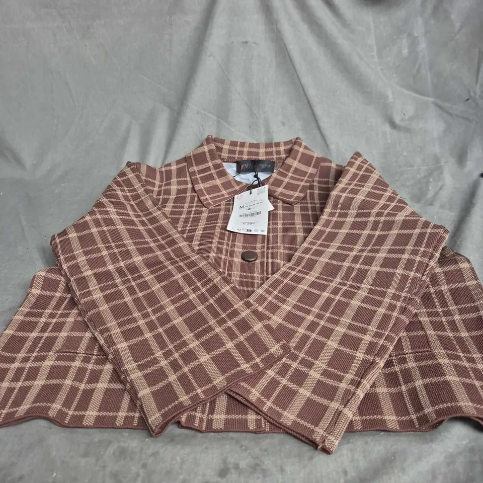 ZARA WOMEN'S CHECKERED KNIT CARDIGAN – BROWN/BEIGE, SIZE M 