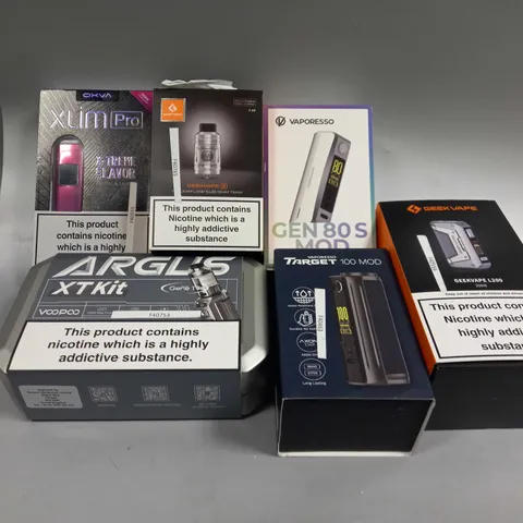 BOX OF APPROXIMATELY 10 ASSORTED E-CIGARATTES TO INCLUDE VAPORESSO, GEEKVAPE, OXVA ETC