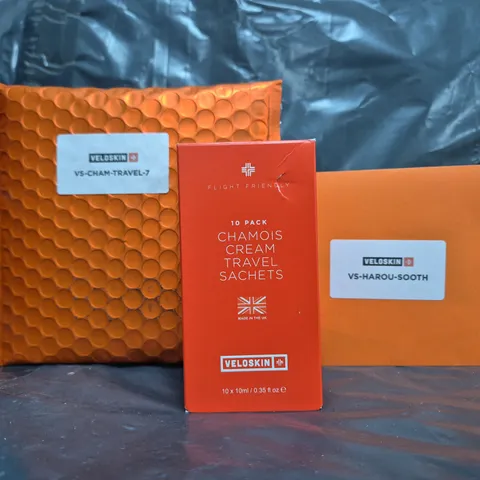 BOX OF APPROXIMATELY 20 ASSORTED VELOSKIN PRODUCTS TO INCLUDE CHAMOIS CREAM TRAVEL SACHETS, ETC