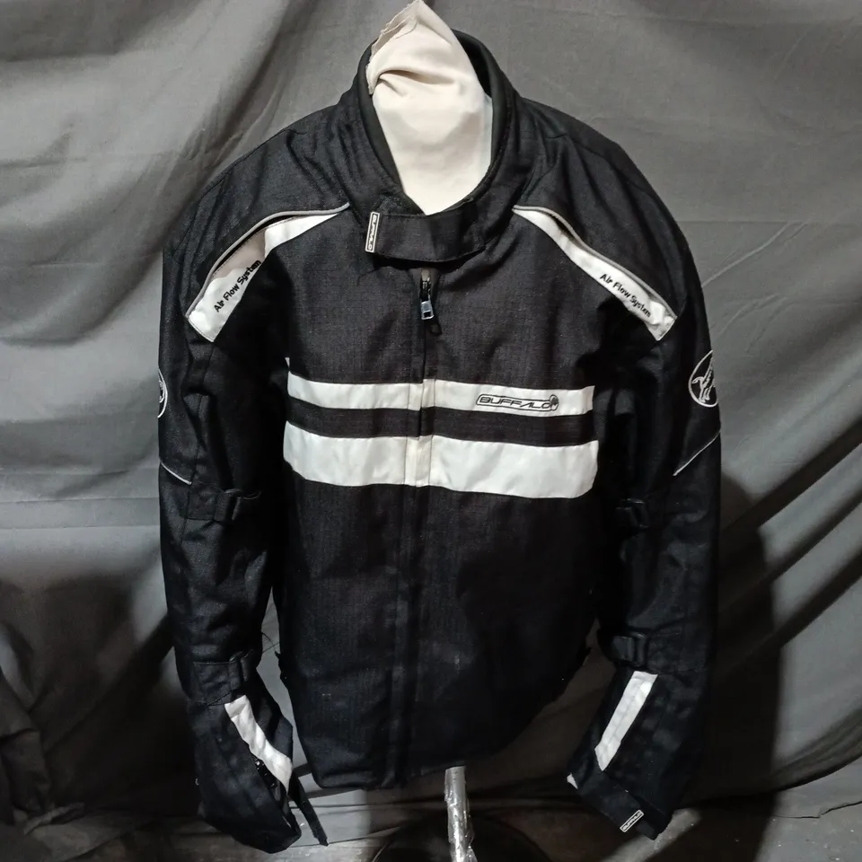 BUFFALO MOTORCYCLE JACKET – BLACK WITH REFLECTIVE STRIPES, UK DESIGNED, SIZE XL