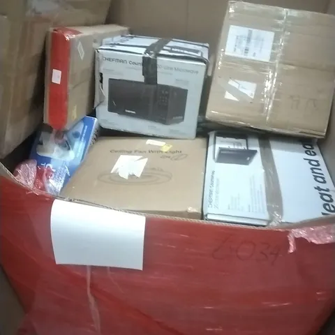 PALLET OF ASSORTED HOUSEHOLD GOODS AND PRODUCTS TO INCLUDE; CHEFMAN MICROWAVES, CEILING FAN WITH LIGHT, BOXED FURNITURE ETC