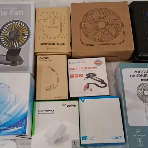 LOT OF 22 ASSORTED ITEMS TO INCLUDE USB FAN, USB AUDIO CAPTURE, SUPER BRIGHT FLASHLIGHT AND BELKIN WALL CHARGER